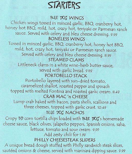 Blue Dog Family Tavern Menu, Menu for Blue Dog Family Tavern, Chalfont