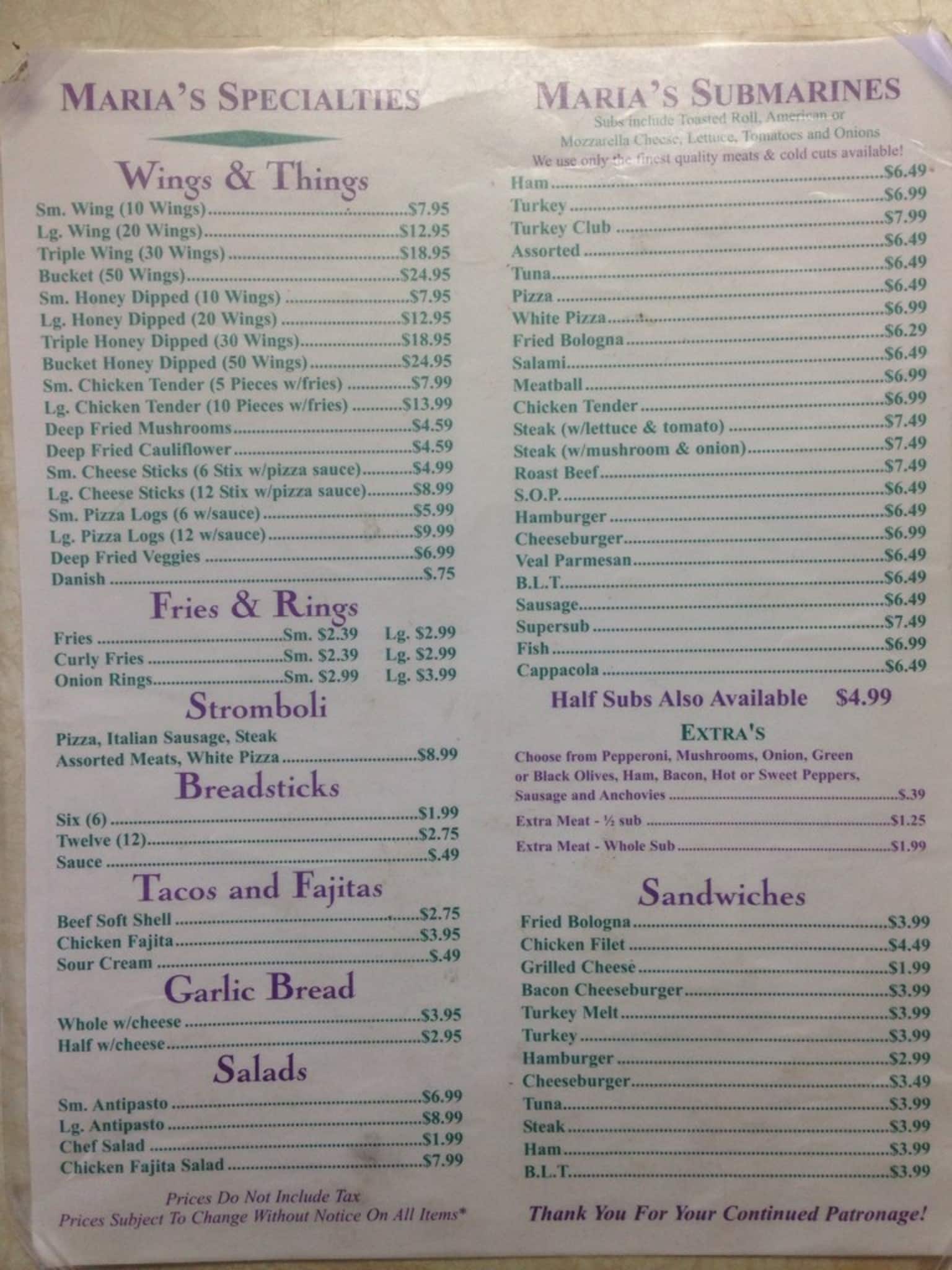 Online Menu of Marias Pizzeria & Restaurant Restaurant, Angola, New