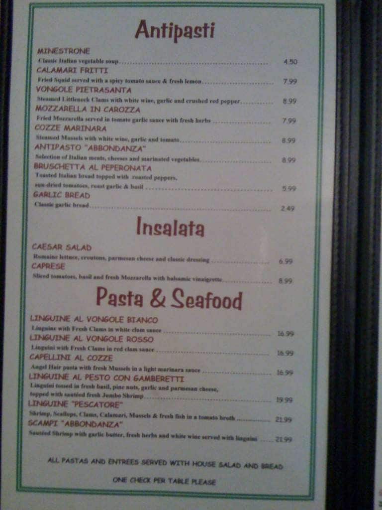 Menu at Abbondanza Italian Restaurant, Key West