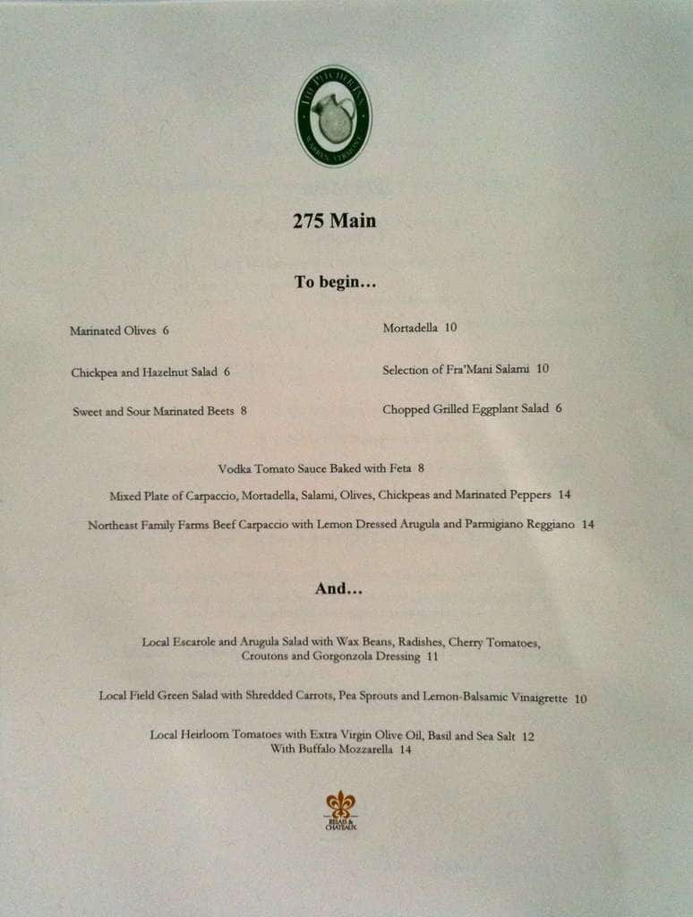 Menu at Pitcher Inn restaurant, Warren