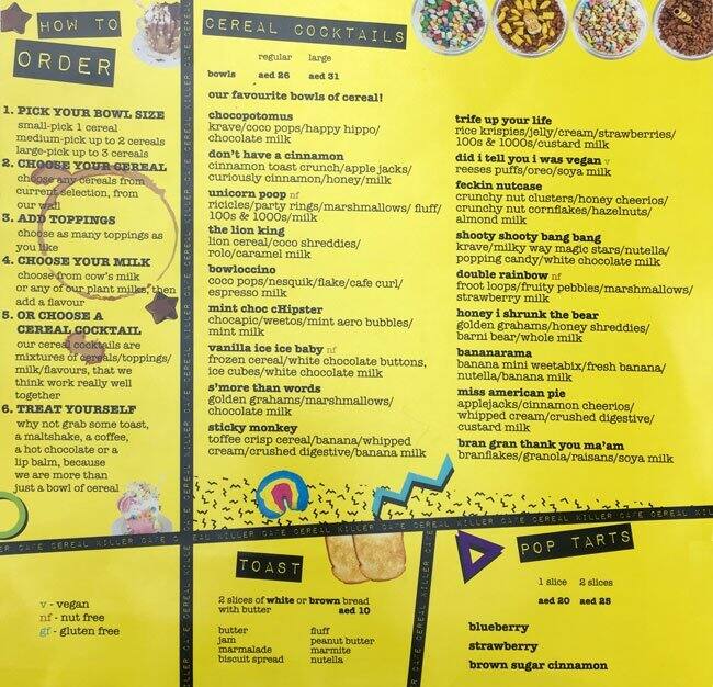 Cereal Killer Cafe Menu, Menu for Cereal Killer Cafe, Downtown Dubai