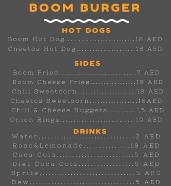 Menu for Boom Burger, Al Bateen, Abu Dhabi