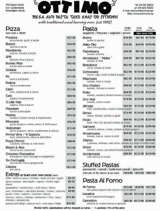Ottimo Menu, Menu for Ottimo, Kensington, Inner City Zomato SA