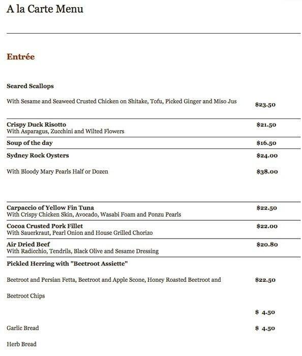 Banjo Paterson Cottage menu, Menu restauracji Banjo Paterson Cottage