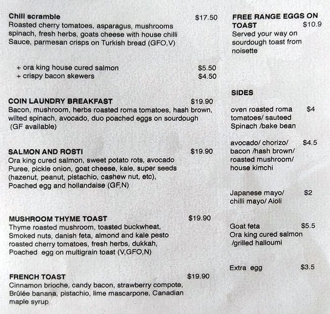 Menu at Coin Laundry Cafe, Armadale