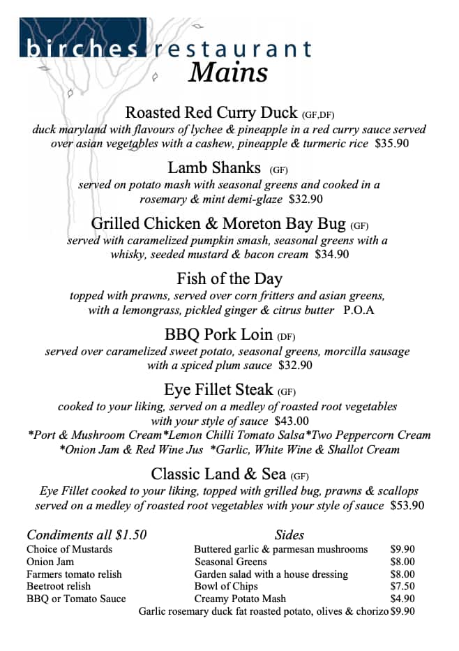 Menu at Birches Restaurant, Mount Mee