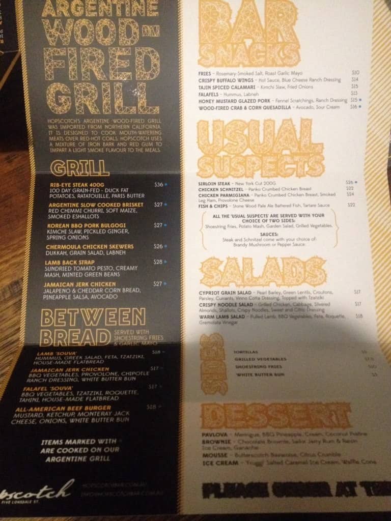 Menu at Hopscotch pub & bar, Braddon