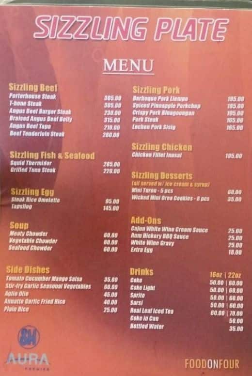 Sizzling Plate Menu, Menu for Sizzling Plate, Santa Cruz, Manila