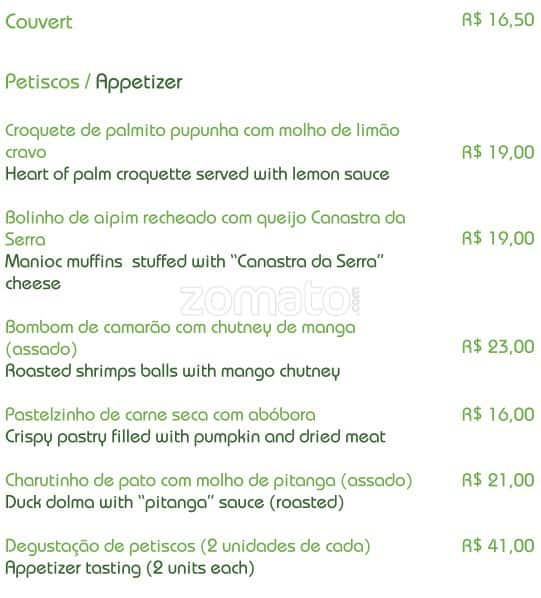 Restaurante Capim Santo Hospital Sírio Libanês cardápio