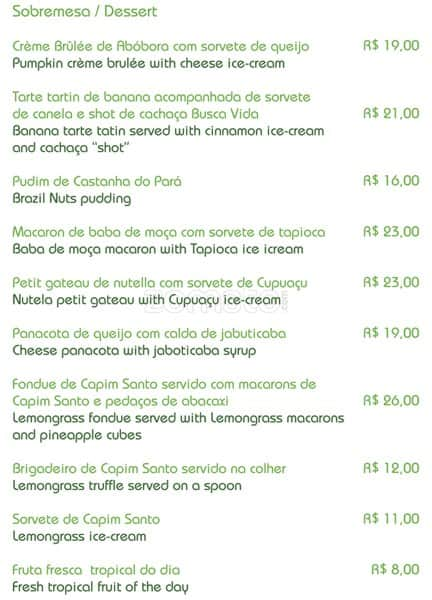 Restaurante Capim Santo Hospital Sírio Libanês cardápio