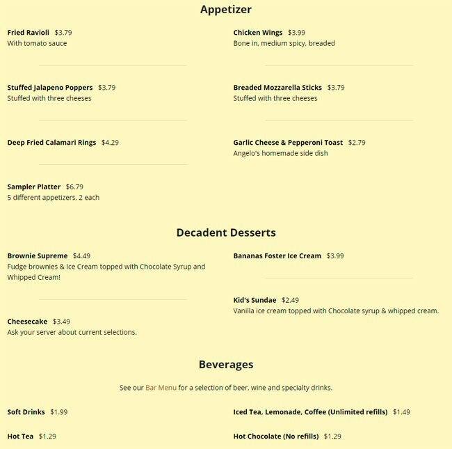 Menu at Angelo's Spaghetti & Pizza House Irving pizzeria, Irving