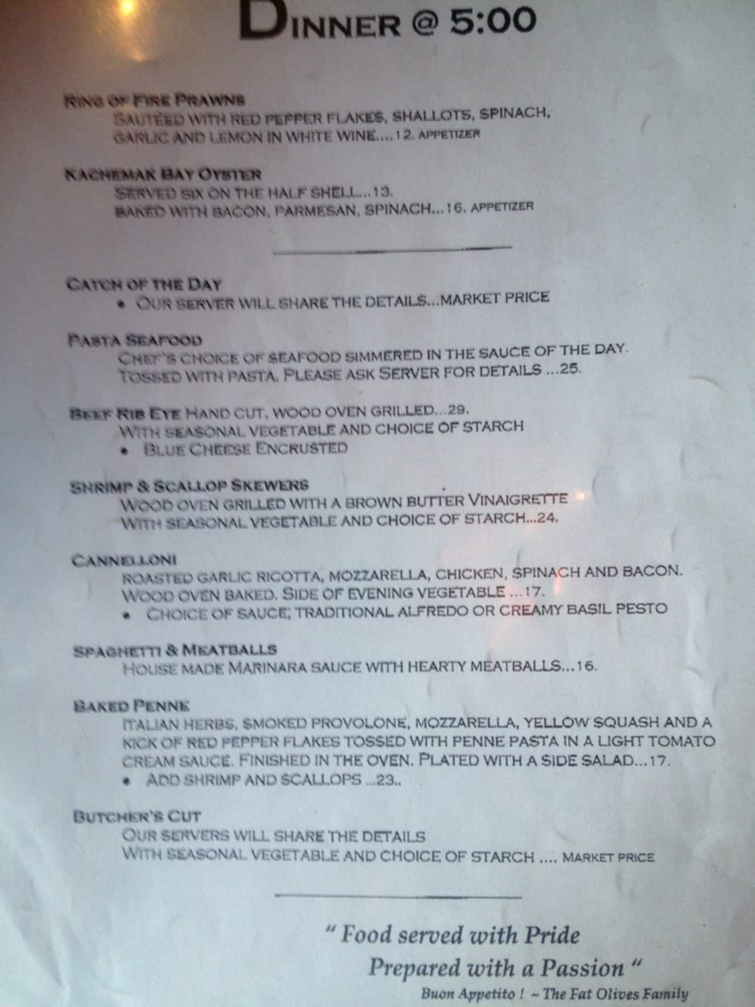 Menu at Fat Olives pizzeria, Homer