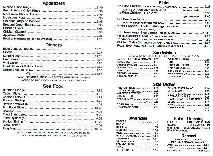 Menu at Elder's Family Restaurant, Quincy