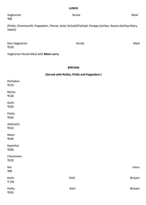 Menu of Paaykappal, Kumarapuram, Trivandrum