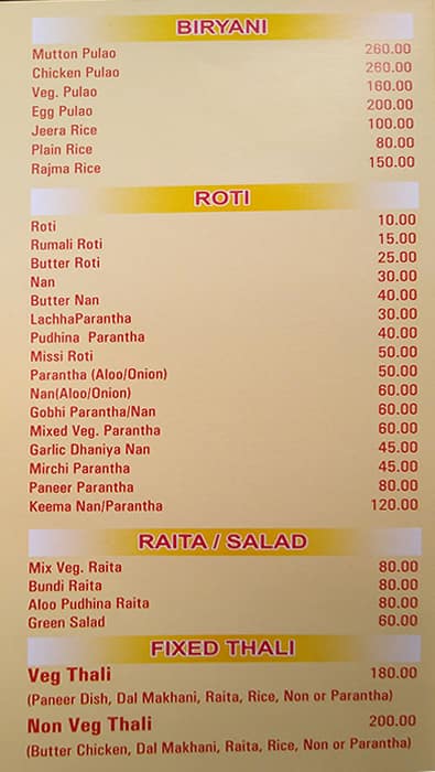 Menu at Continental Dhaba, New Delhi, Kailash Colony Market