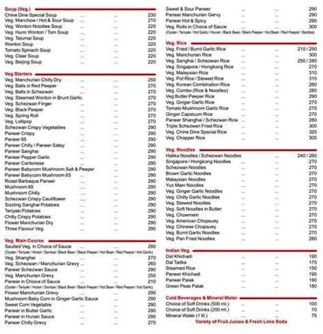 Chine Dine menu