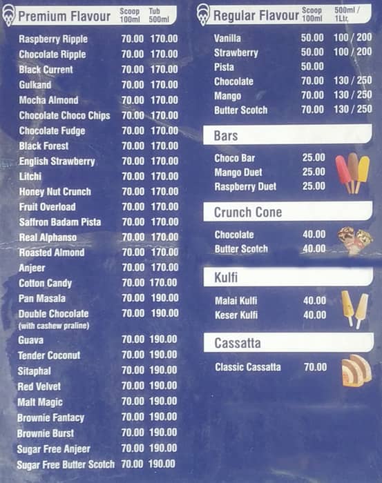Meridian Ice Cream menu