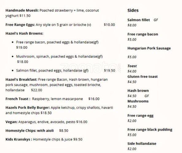 Hazel Hayes Menu, Menu for Hazel Hayes, Hamilton Central, Hamilton