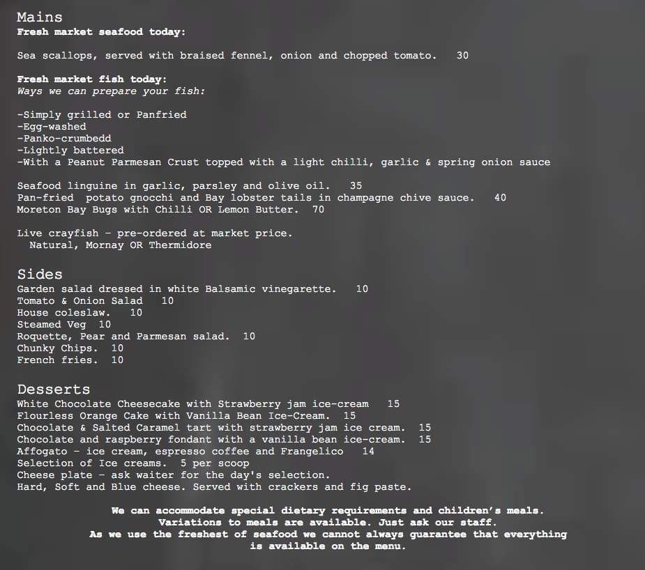 Menu at RST Seafood Restaurant, Fitzroy North