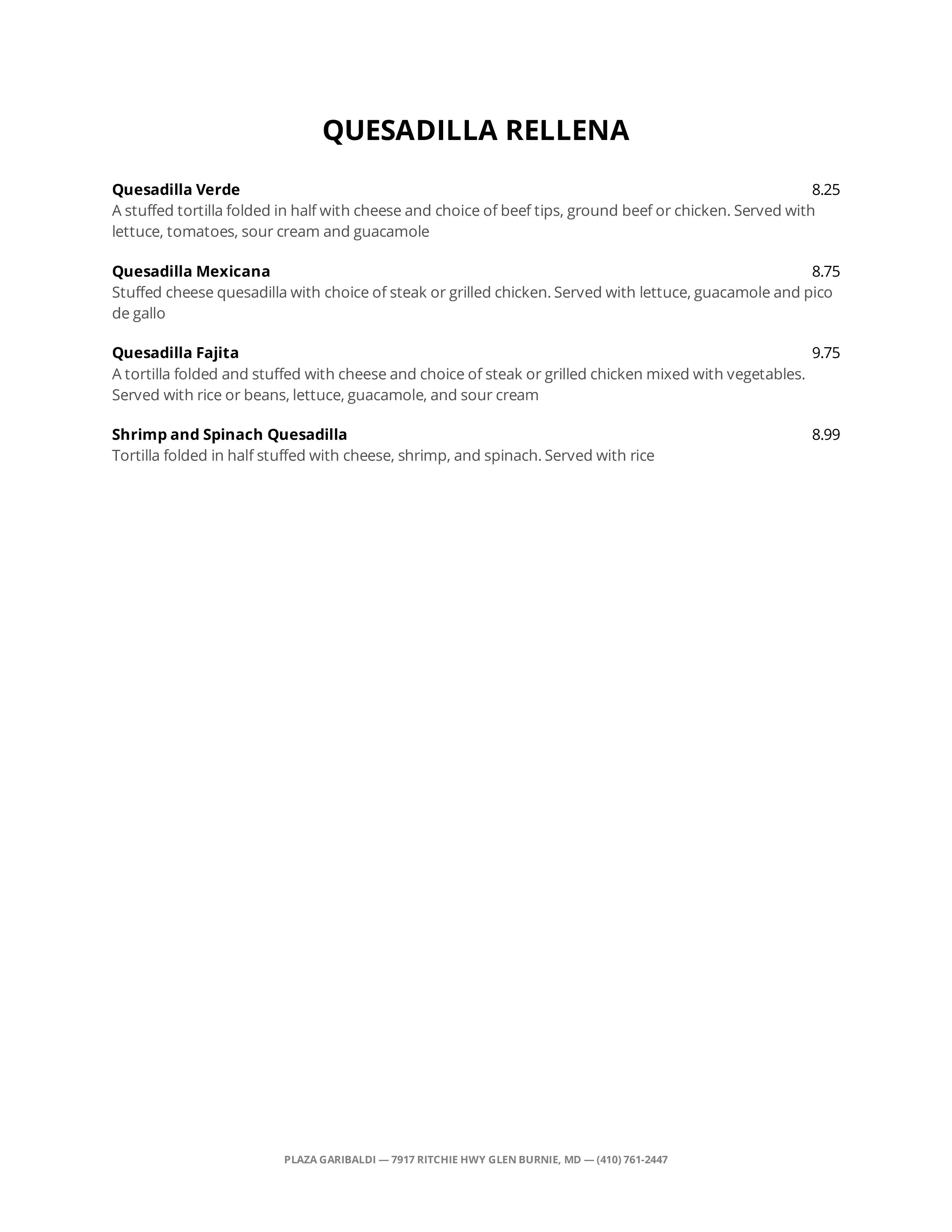 Menu at Plaza Garibaldi Mexican Restaurant, Glen Burnie