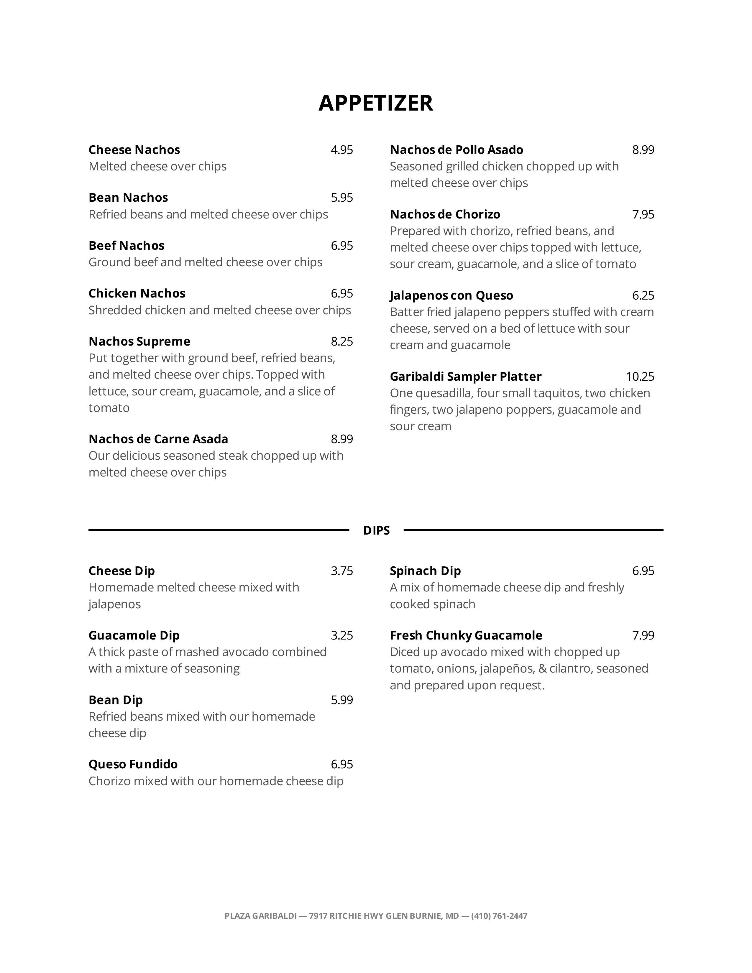 Plaza Garibaldi menu, Menu restauracji Plaza Garibaldi, Glen Burnie