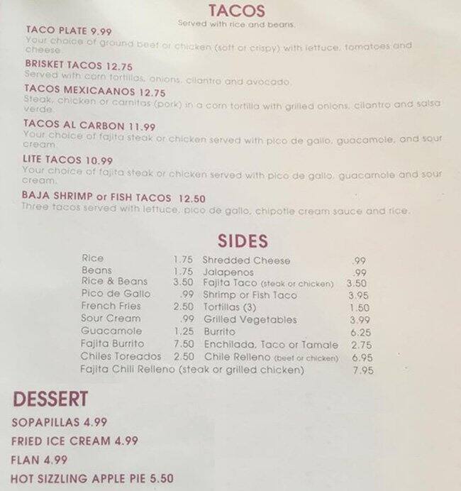 Menu at Cabo's Plaquemine restaurant, Plaquemine