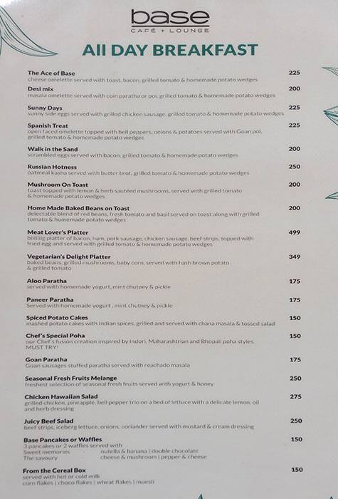 Base Cafe Lounge Menu Menu For Base Cafe Lounge Morjim Goa