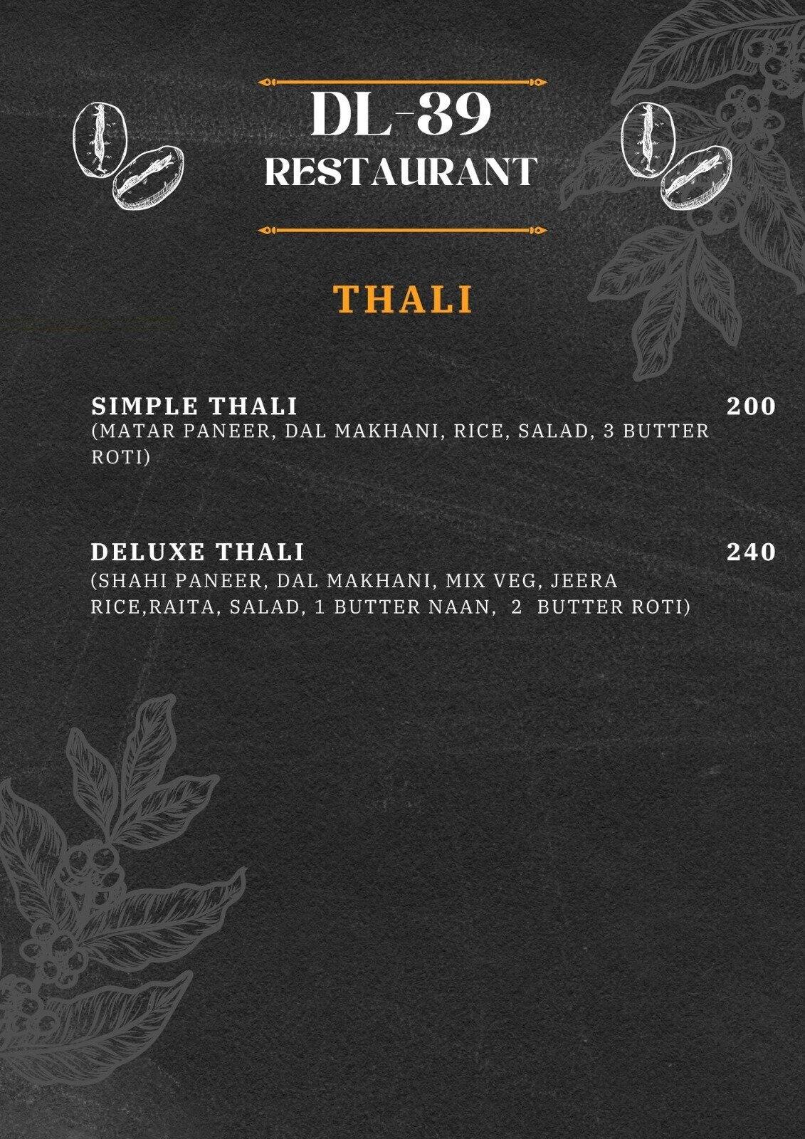 Menu of DL-39 Restaurant, Rohini, New Delhi