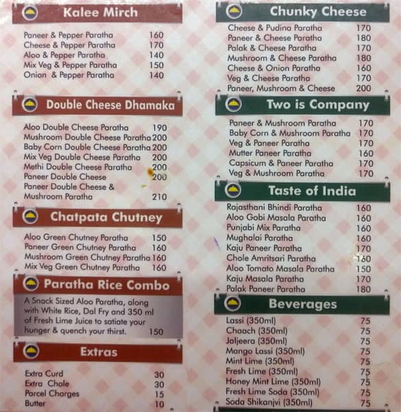 Kakunje's Parathas menu