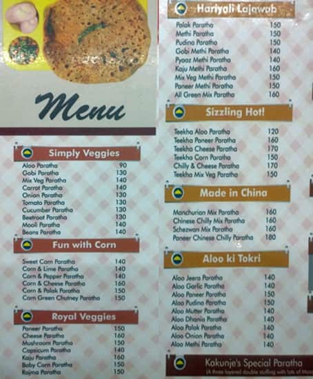 Kakunje's Parathas menu