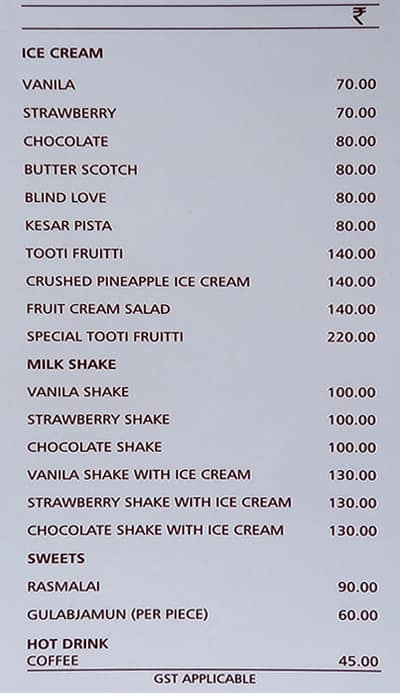 Basant Vihar menu
