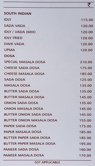 Basant Vihar menu