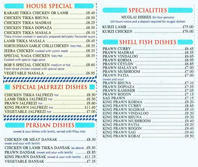 Menu at Kushoom Bugh restaurant, Upminster