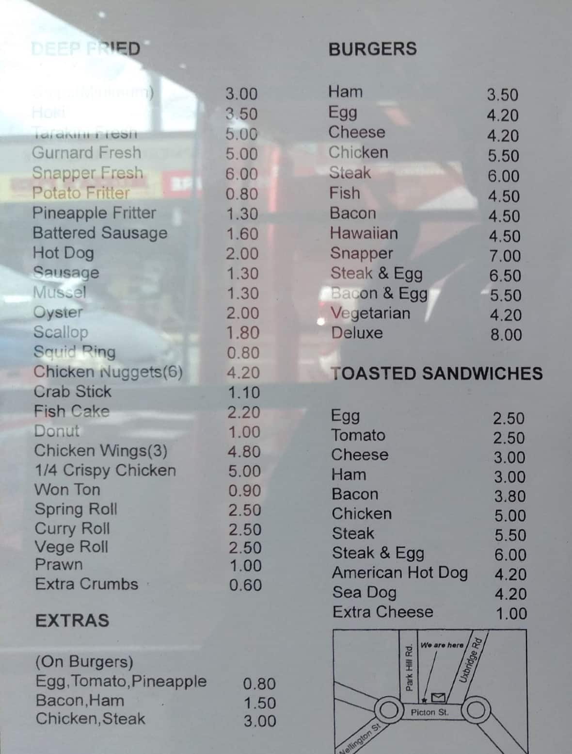 Menu at East Village Takeaway Howick restaurant, Auckland