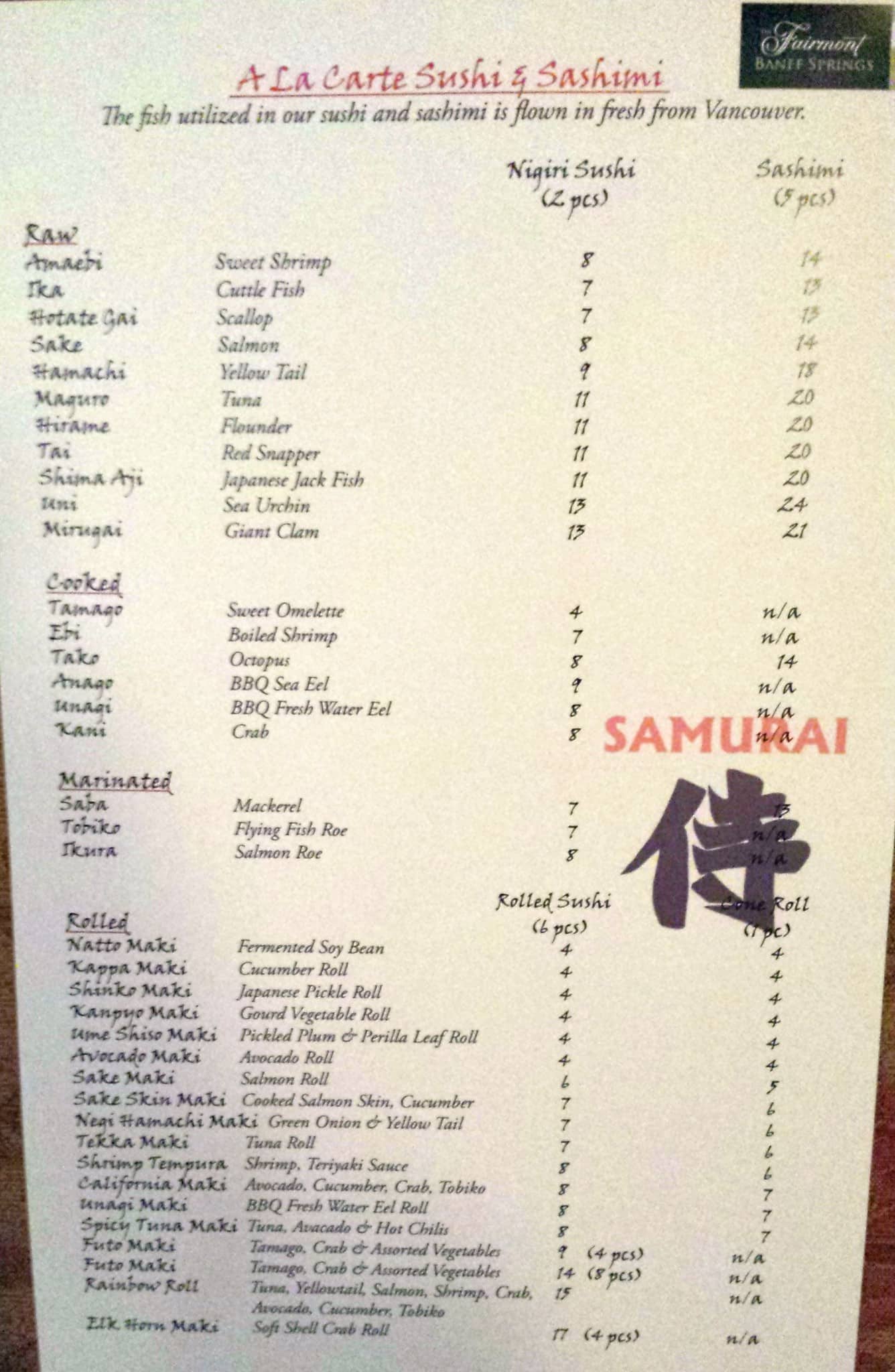 Samurai Sushi Bar and Restaurant menu