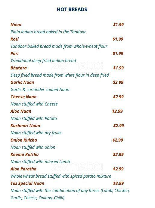 Menu at Taz Indian Restaurant, Aurora, E Alameda Ave