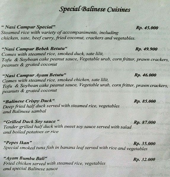 Carta de Puri Garden Restaurant, Bedulu