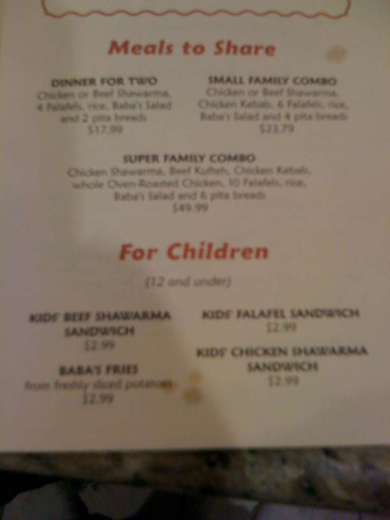 Menu at Ali Baba Restaurant, Simi Valley