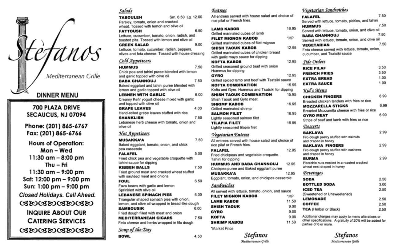 Menu at stefanos restaurant secaucus