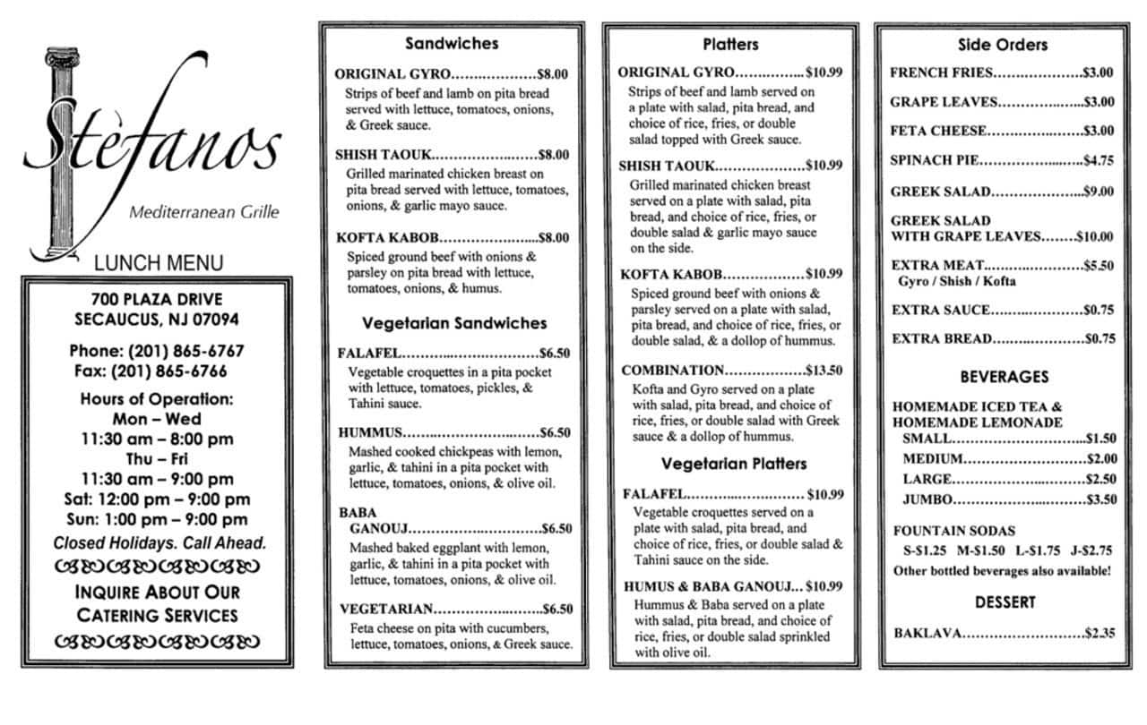 Menu at Stefanos restaurant, Secaucus