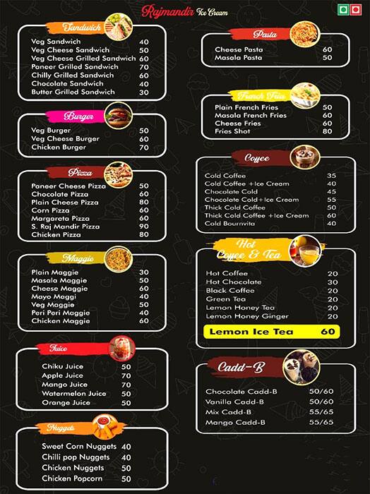 Menu At Raj Mandir Ice Cream, Pune