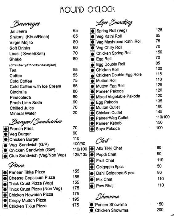 Menu of The Kav's, Harmu, Ranchi