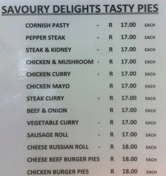 Menu at Village Bakery, Johannesburg