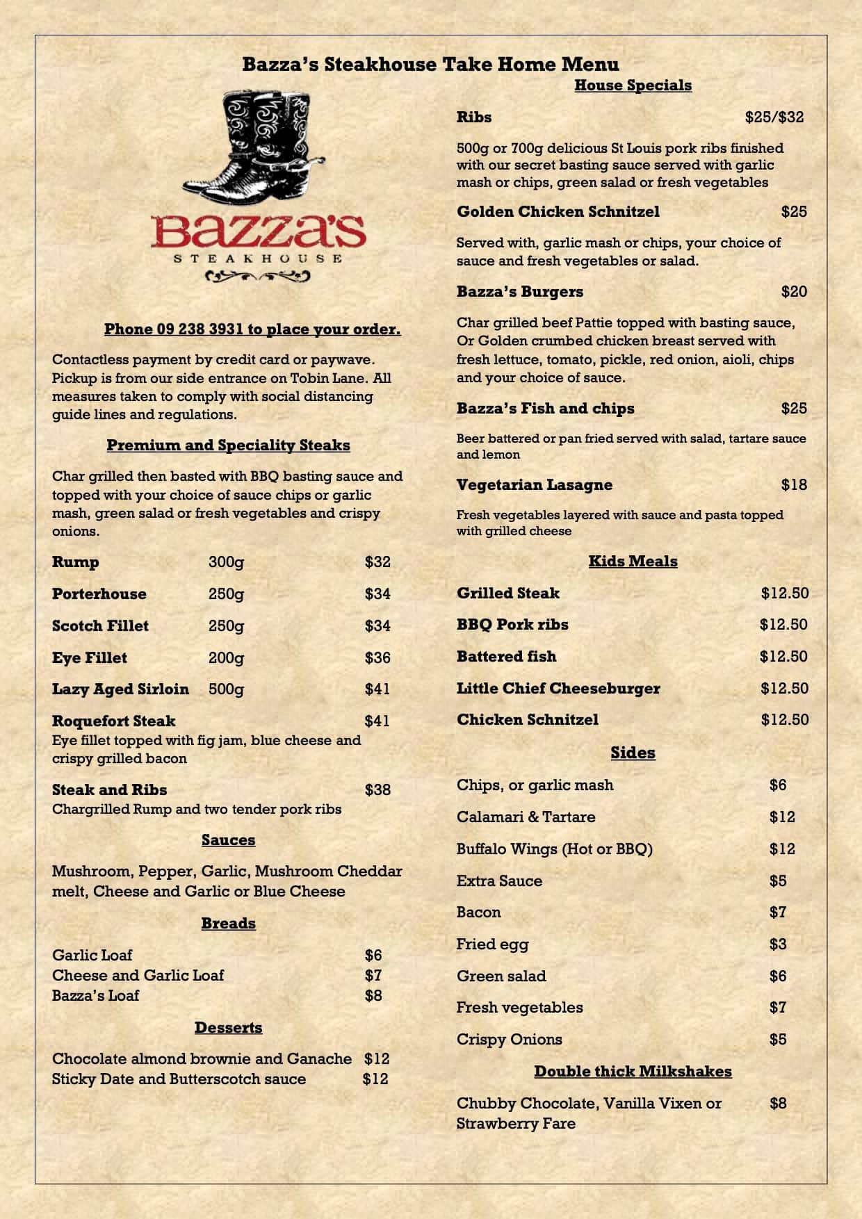 Menu at Bazza's Steakhouse, Pukekohe, 56 King St