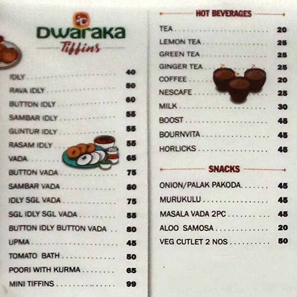 Dwaraka Tiffins menu