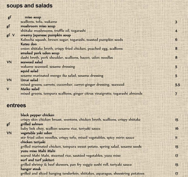 Carta de Maiko Sushi