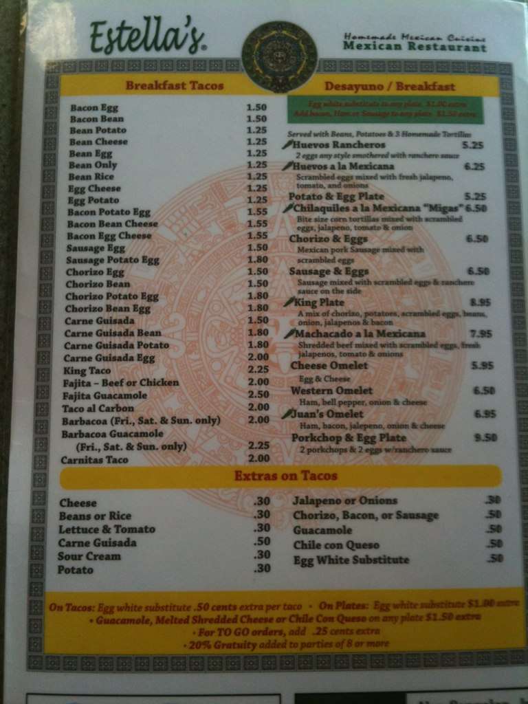 Estella's Menu, Menu for Estella's, Arlington, Arlington Urbanspoon