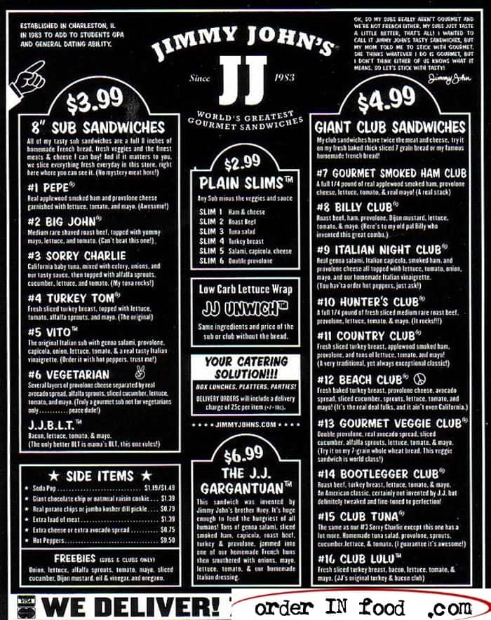 Jimmy Johns Printable Menu