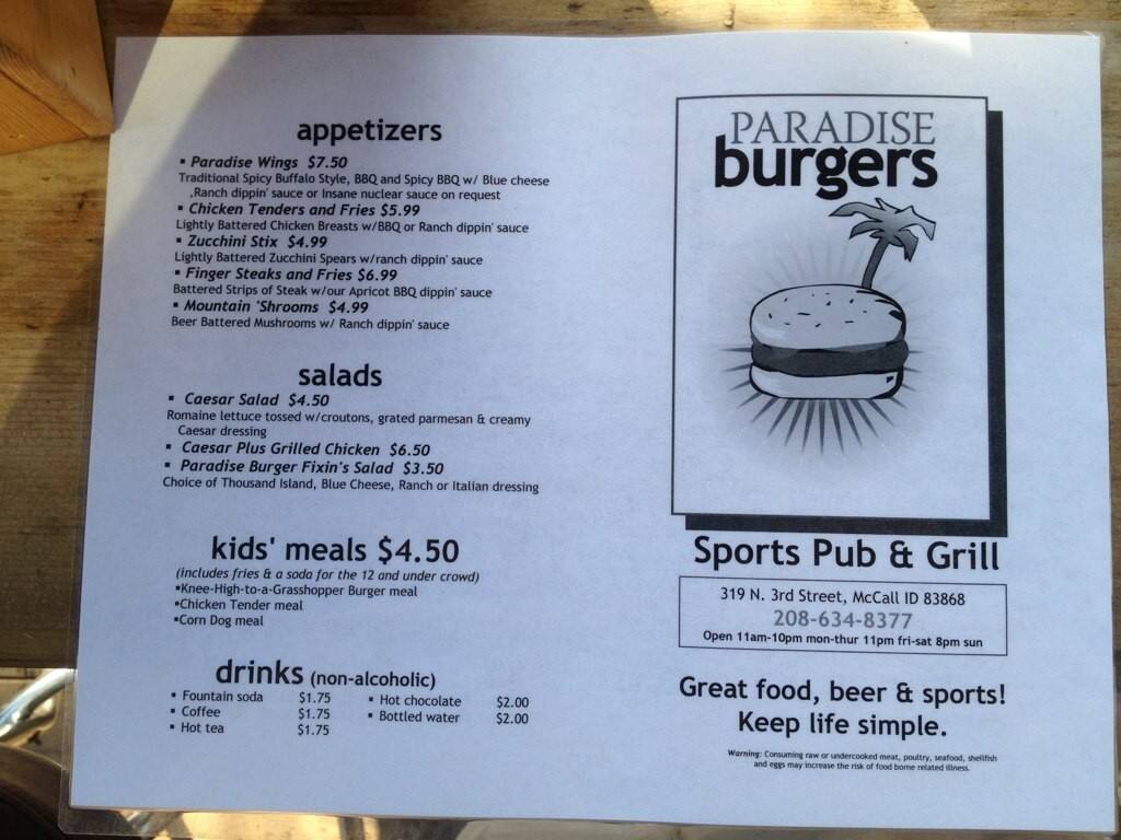 Paradise Burgers Menu, Menu for Paradise Burgers, McCall, McCall
