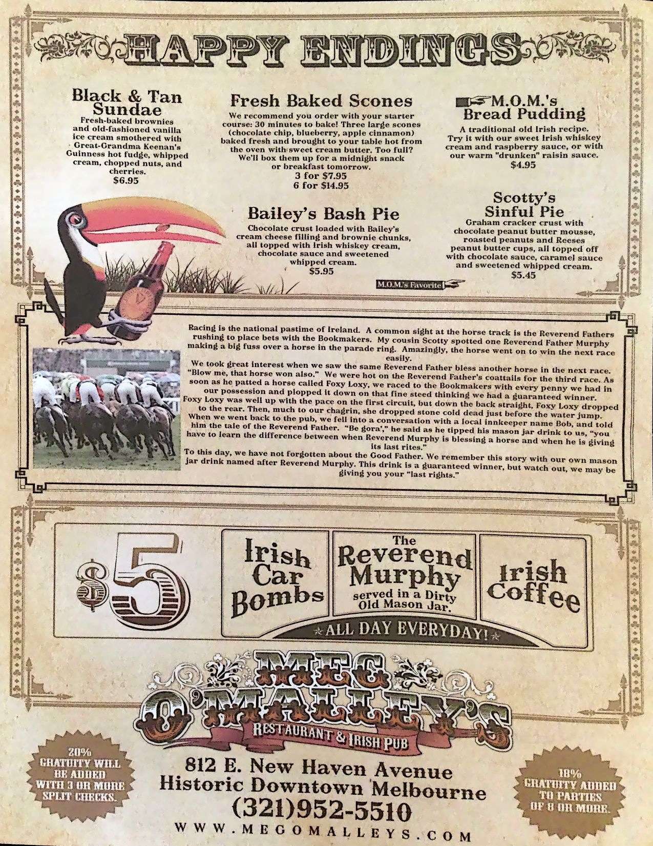 Menu at Meg O’Malley's Restaurant & Irish Pub, Melbourne, 812 E New